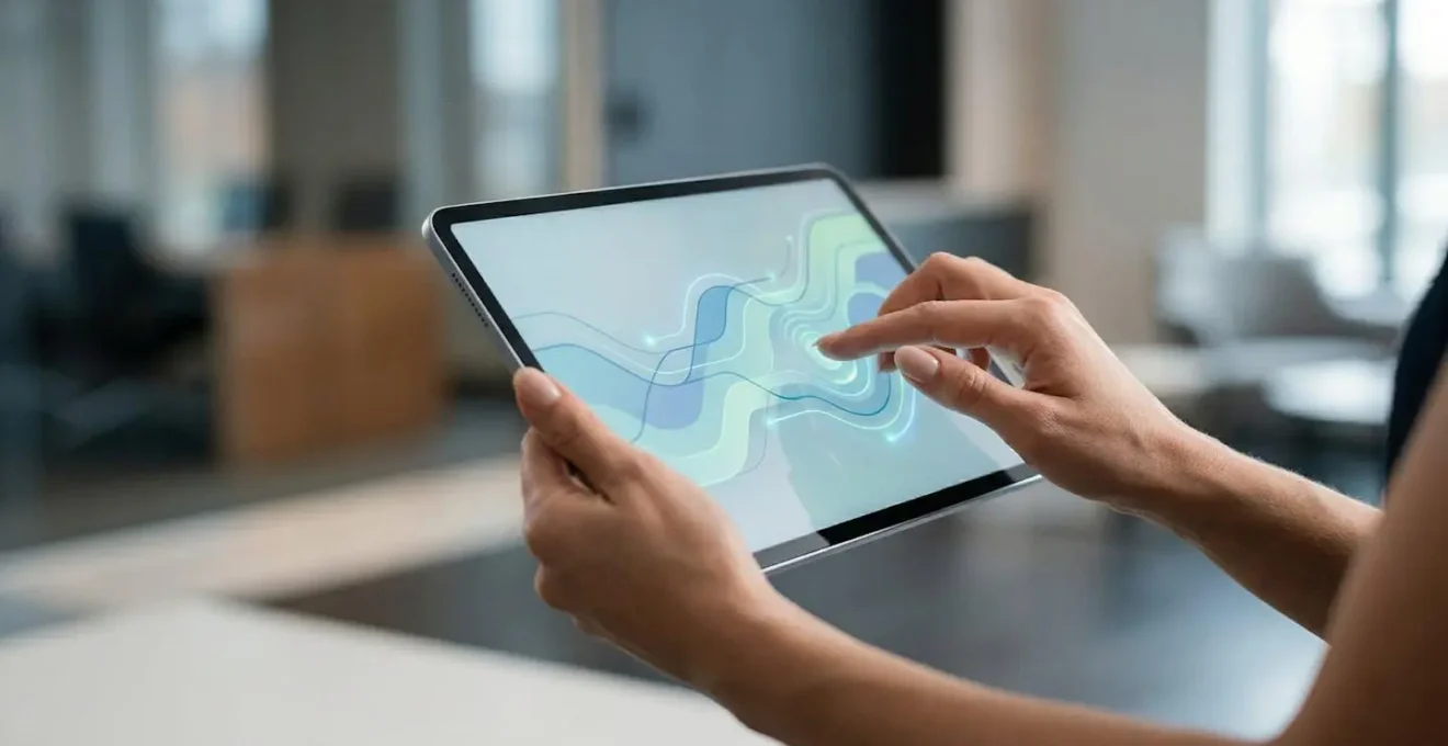 Vue rapprochée de mains professionnelles tenant une tablette numérique affichant des éléments graphiques abstraits évoquant la fluidité et la validation, dans un environnement de bureau moderne