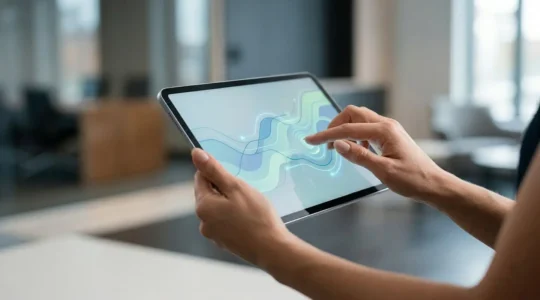 Vue rapprochée de mains professionnelles tenant une tablette numérique affichant des éléments graphiques abstraits évoquant la fluidité et la validation, dans un environnement de bureau moderne