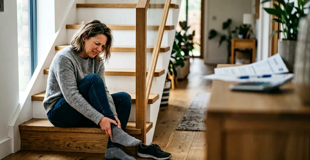 Personne blessée dans un escalier domestique avec documents d'assurance et calculatrice en arrière-plan