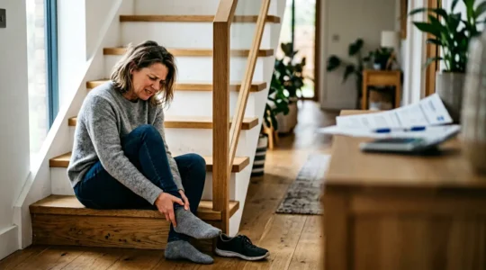Personne blessée dans un escalier domestique avec documents d'assurance et calculatrice en arrière-plan