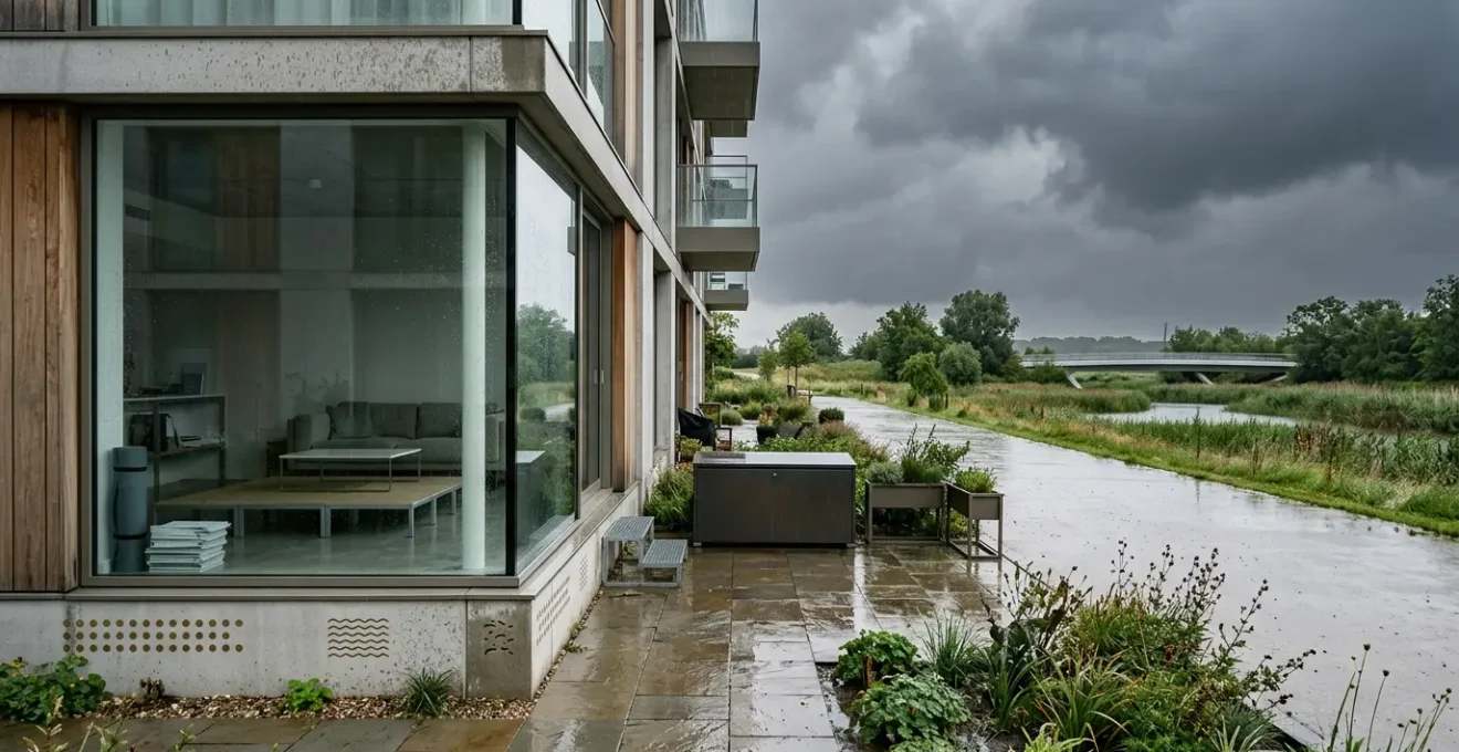 Appartement moderne en rez-de-jardin avec niveau d'eau visible et documents d'assurance flous