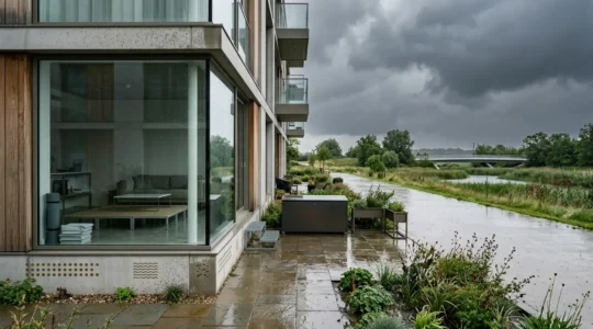Appartement moderne en rez-de-jardin avec niveau d'eau visible et documents d'assurance flous