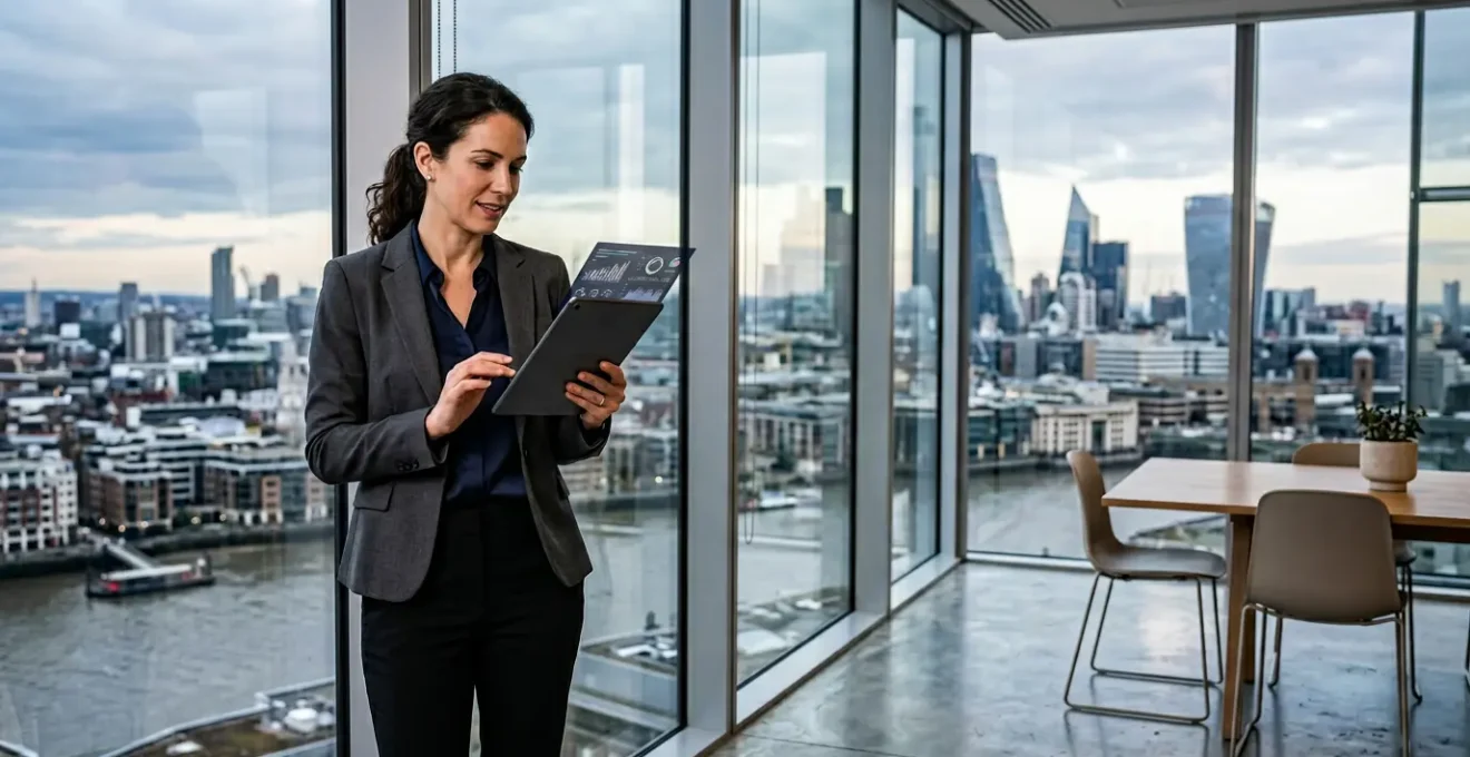 Professionnel de l'assurance IARD examinant des données analytiques dans un bureau moderne avec vue sur la ville