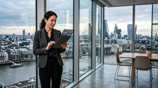 Professionnel de l'assurance IARD examinant des données analytiques dans un bureau moderne avec vue sur la ville