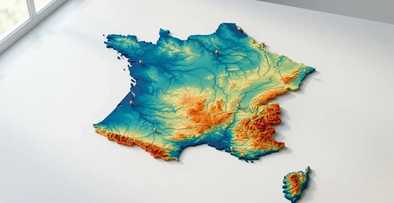 Carte de France stylisée montrant les variations de tarifs d'assurance automobile avec des gradients de couleur selon les zones géographiques