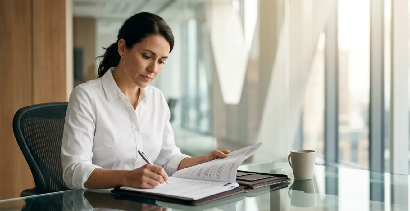 Professionnel de l'assurance analysant des documents complexes dans un bureau moderne avec des graphiques de progression de carrière