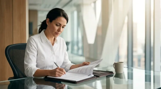 Professionnel de l'assurance analysant des documents complexes dans un bureau moderne avec des graphiques de progression de carrière