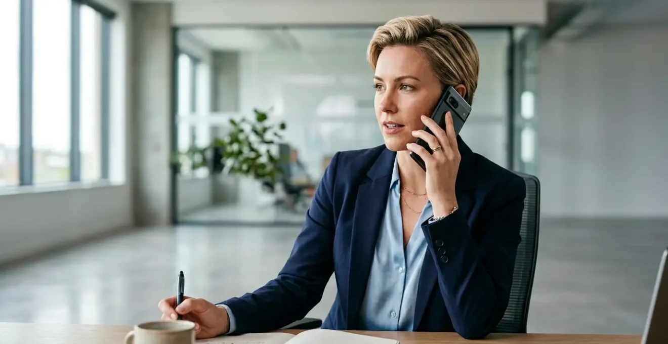 Commercial téléphonant avec assurance face au défi du barrage secrétaire