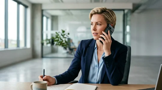 Commercial téléphonant avec assurance face au défi du barrage secrétaire
