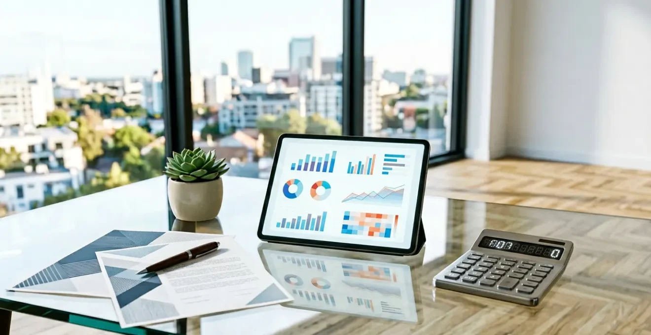 Bureau moderne avec tablette affichant des graphiques d'économies, calculatrice et documents d'assurance