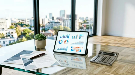 Bureau moderne avec tablette affichant des graphiques d'économies, calculatrice et documents d'assurance