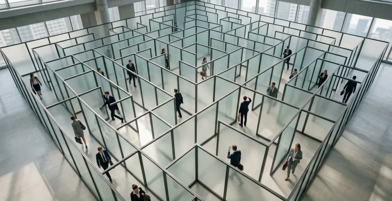Vue aérienne d'un labyrinthe de bureaux modernes avec des personnes naviguant entre les couloirs