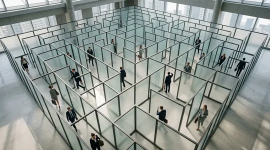 Vue aérienne d'un labyrinthe de bureaux modernes avec des personnes naviguant entre les couloirs