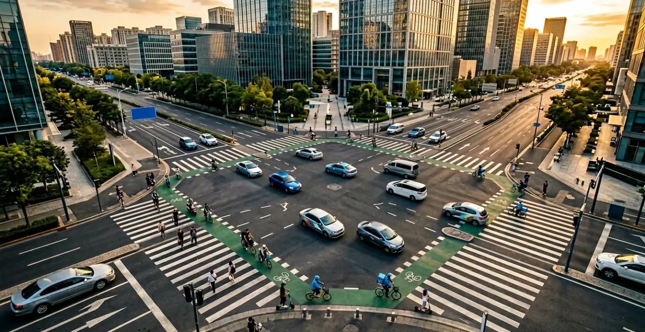 Vue aérienne d'une intersection urbaine où des véhicules de covoiturage et des livreurs à vélo se croisent dans un environnement moderne