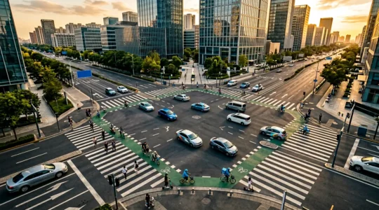 Vue aérienne d'une intersection urbaine où des véhicules de covoiturage et des livreurs à vélo se croisent dans un environnement moderne