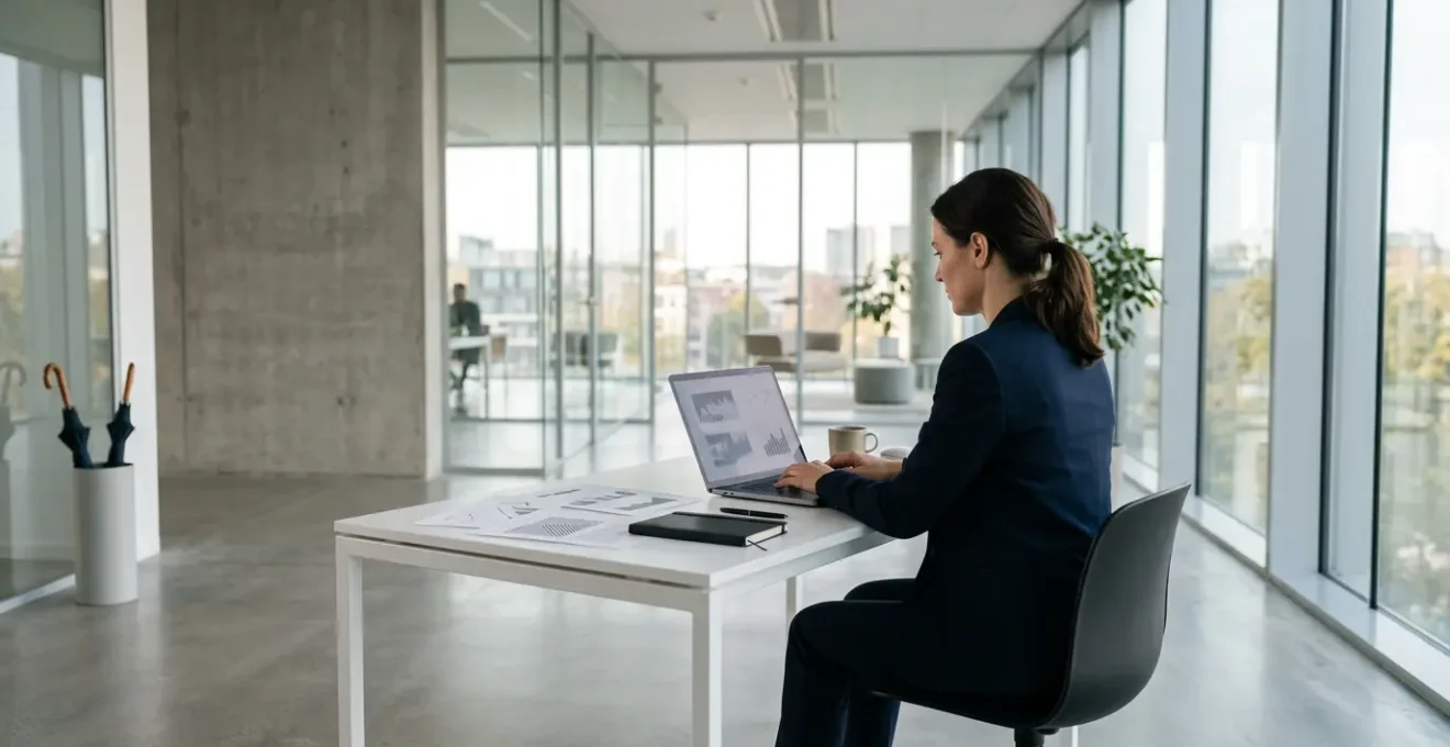 Un consultant travaillant dans son bureau moderne avec des documents professionnels et un écran d'ordinateur