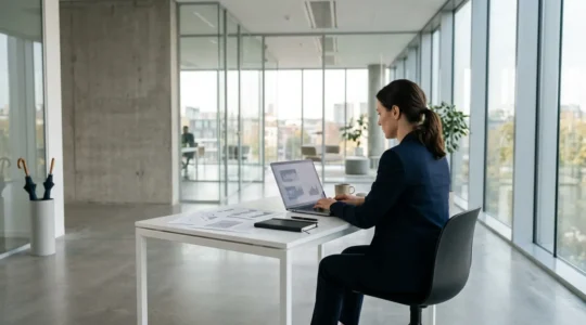 Un consultant travaillant dans son bureau moderne avec des documents professionnels et un écran d'ordinateur