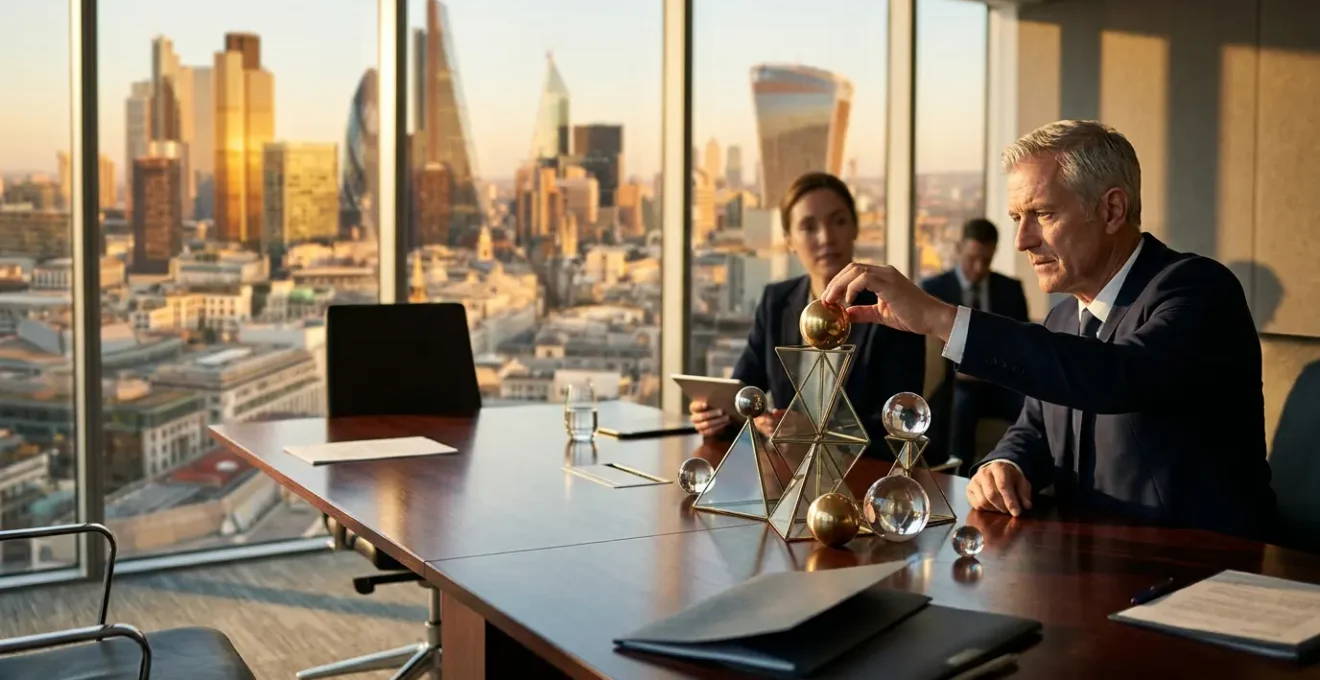Bureau de direction avec documents d'assurance et vue panoramique sur le quartier d'affaires