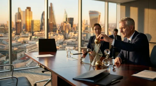 Bureau de direction avec documents d'assurance et vue panoramique sur le quartier d'affaires