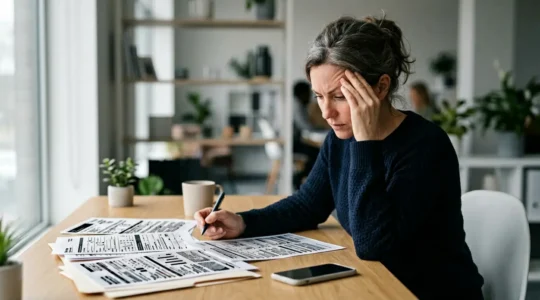 Personne examinant attentivement des documents d'assurance avec un air préoccupé dans un environnement de bureau moderne