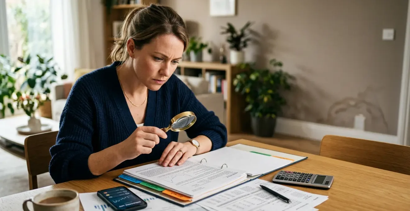 Personne analysant attentivement des documents d'assurance habitation avec une loupe dans un intérieur moderne