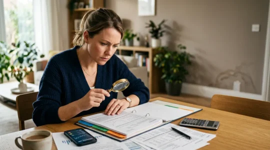 Personne analysant attentivement des documents d'assurance habitation avec une loupe dans un intérieur moderne