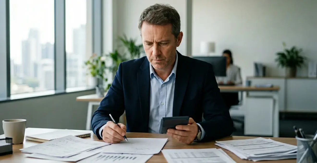 Dirigeant d'une PME analysant différentes offres de mutuelle d'entreprise avec calculatrice et documents