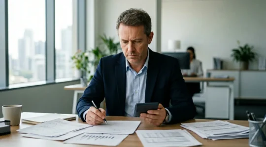 Dirigeant d'une PME analysant différentes offres de mutuelle d'entreprise avec calculatrice et documents