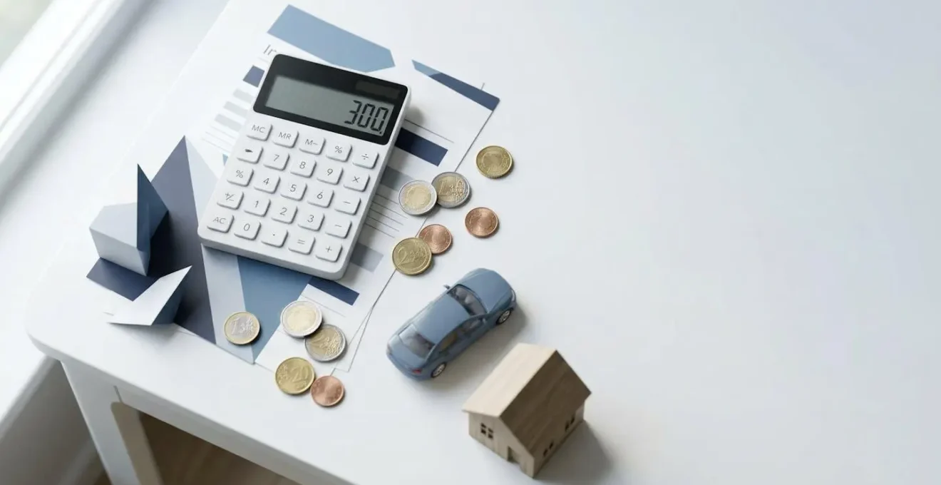 Vue aérienne d'une calculatrice, de documents d'assurance et de pièces de monnaie illustrant les économies possibles avec la loi Hamon