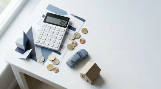 Vue aérienne d'une calculatrice, de documents d'assurance et de pièces de monnaie illustrant les économies possibles avec la loi Hamon
