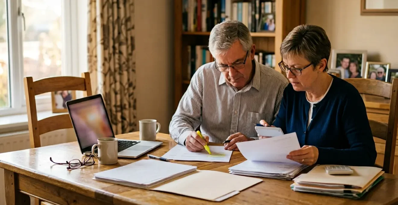 Couple analysant attentivement leurs contrats d'assurance avec calculatrice et documents éparpillés sur une table