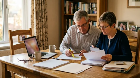 Couple analysant attentivement leurs contrats d'assurance avec calculatrice et documents éparpillés sur une table