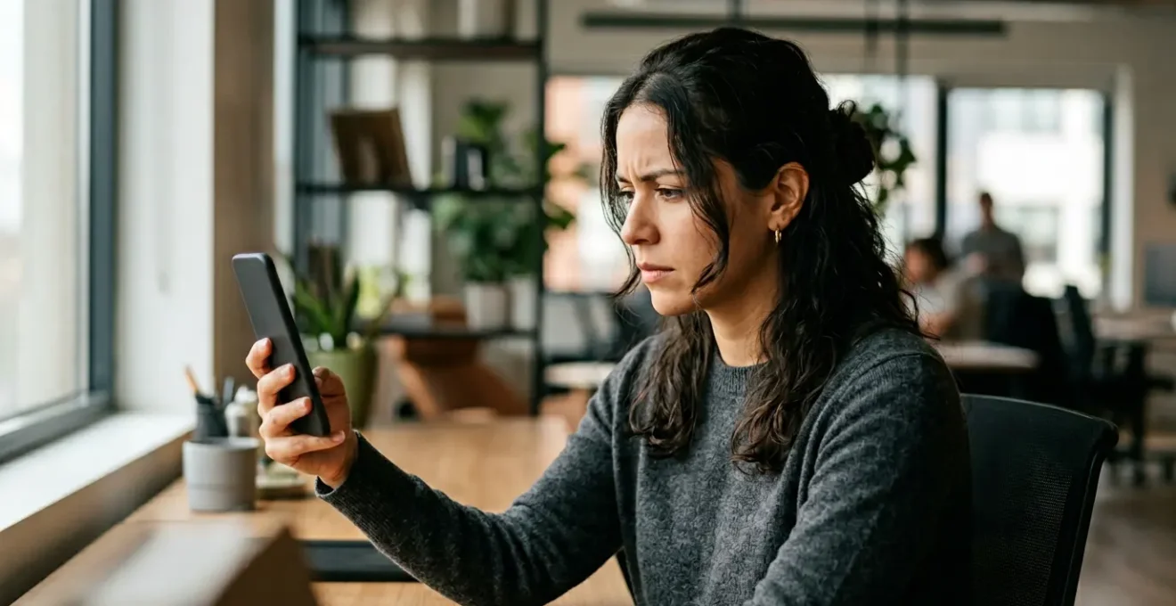 Personne concentrée examinant attentivement son téléphone mobile dans un environnement calme