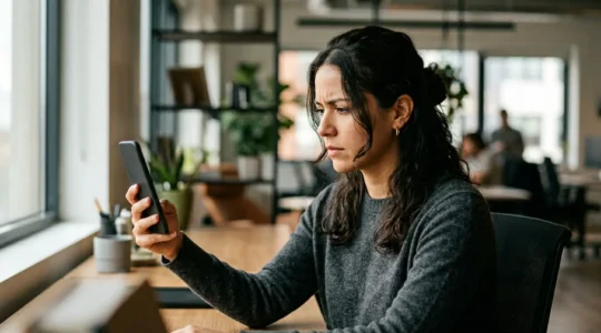 Personne concentrée examinant attentivement son téléphone mobile dans un environnement calme