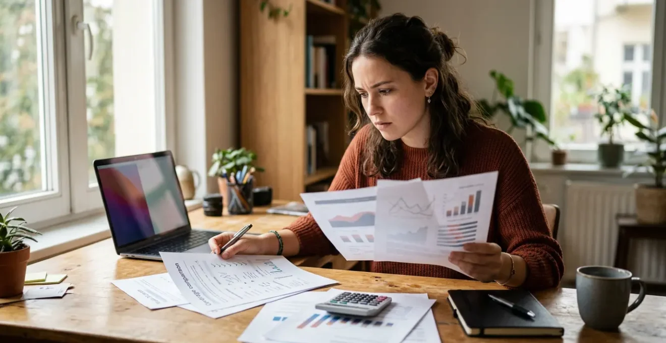 Jeune adulte consultant des documents d'assurance avec une calculatrice et des papiers sur une table