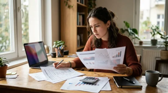 Jeune adulte consultant des documents d'assurance avec une calculatrice et des papiers sur une table