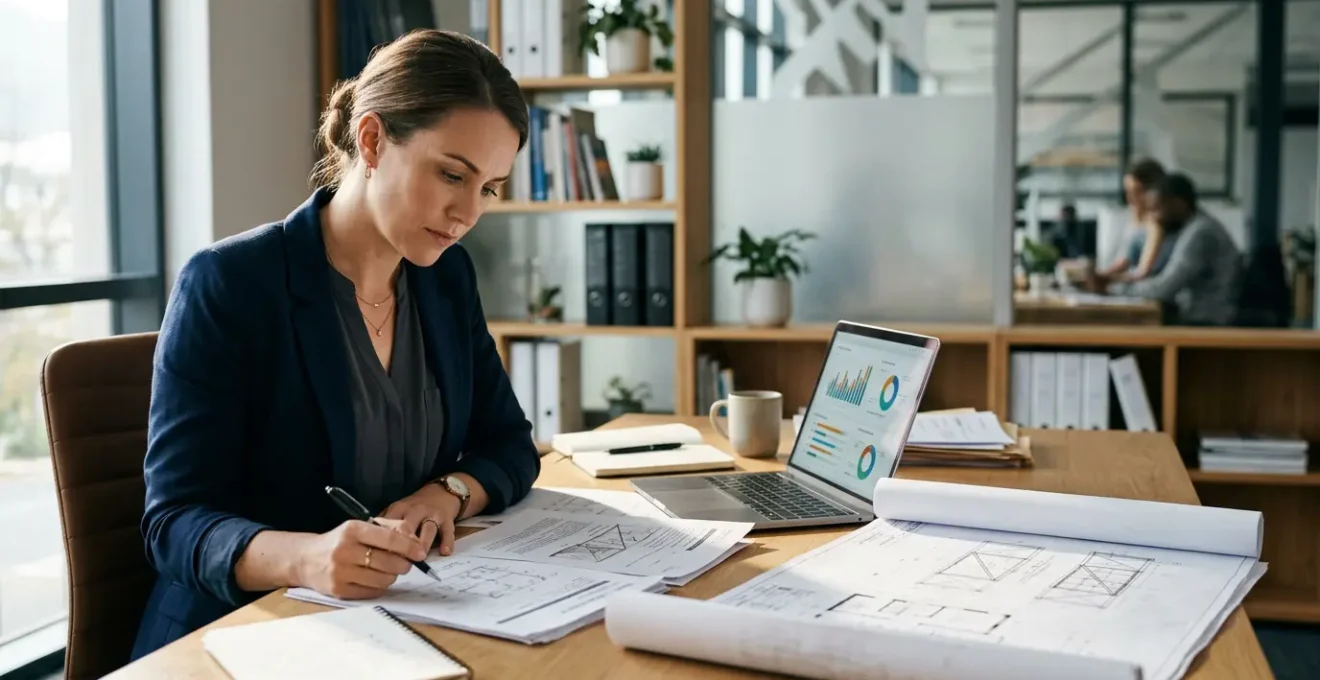 Expert d'assuré analysant un dossier de sinistre important avec documents et ordinateur