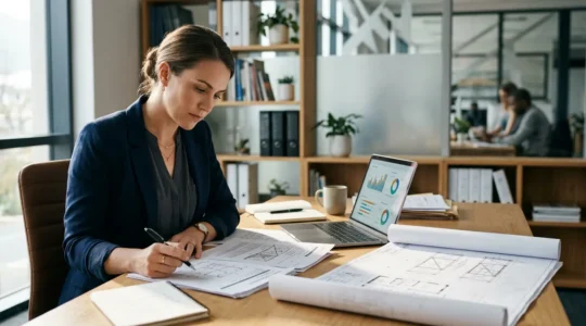 Expert d'assuré analysant un dossier de sinistre important avec documents et ordinateur