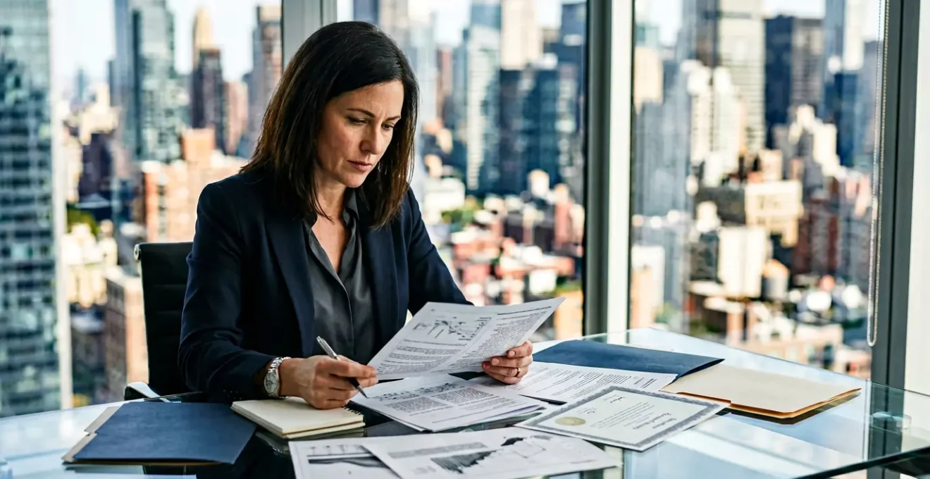 Expert en assurance examinant des documents de certification dans un bureau moderne avec vue sur la ville