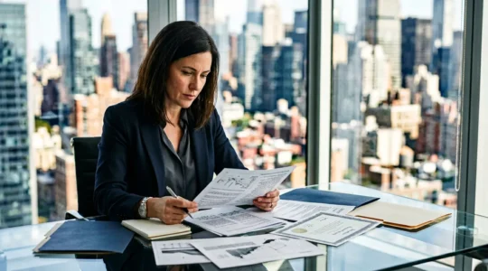 Expert en assurance examinant des documents de certification dans un bureau moderne avec vue sur la ville