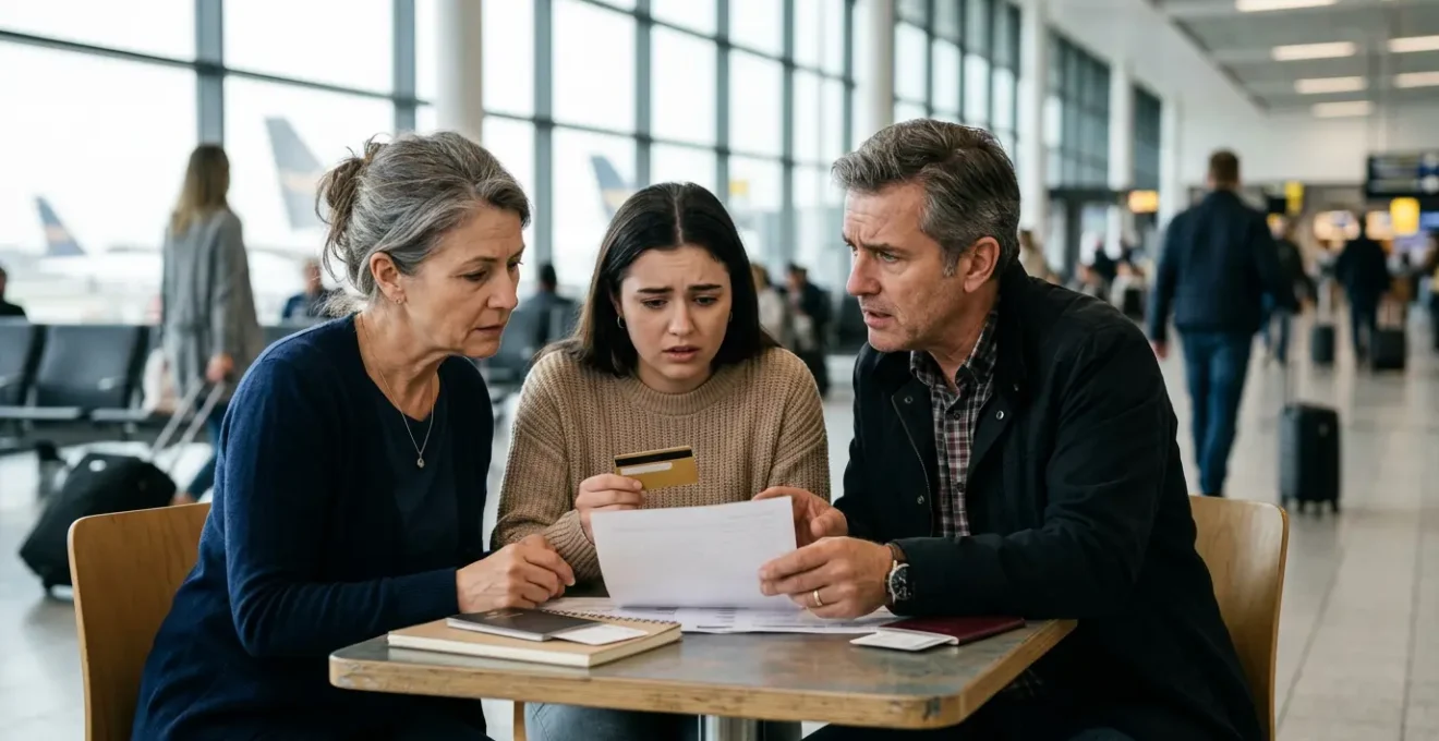 Famille à l'aéroport avec valises observant attentivement une carte bancaire dorée