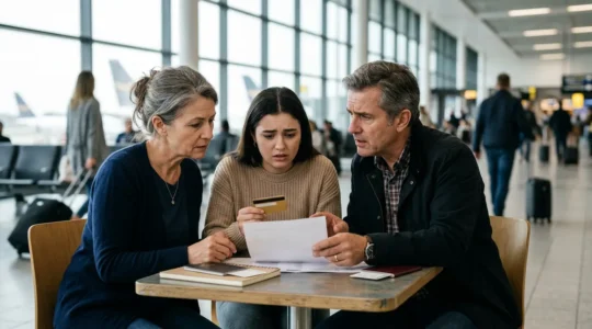 Famille à l'aéroport avec valises observant attentivement une carte bancaire dorée