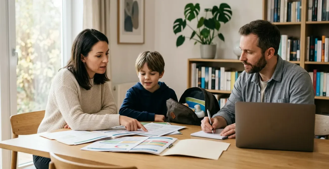 Parents examinant des documents d'assurance scolaire avec leur enfant dans un bureau lumineux