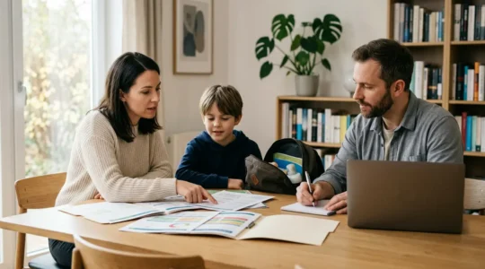 Parents examinant des documents d'assurance scolaire avec leur enfant dans un bureau lumineux