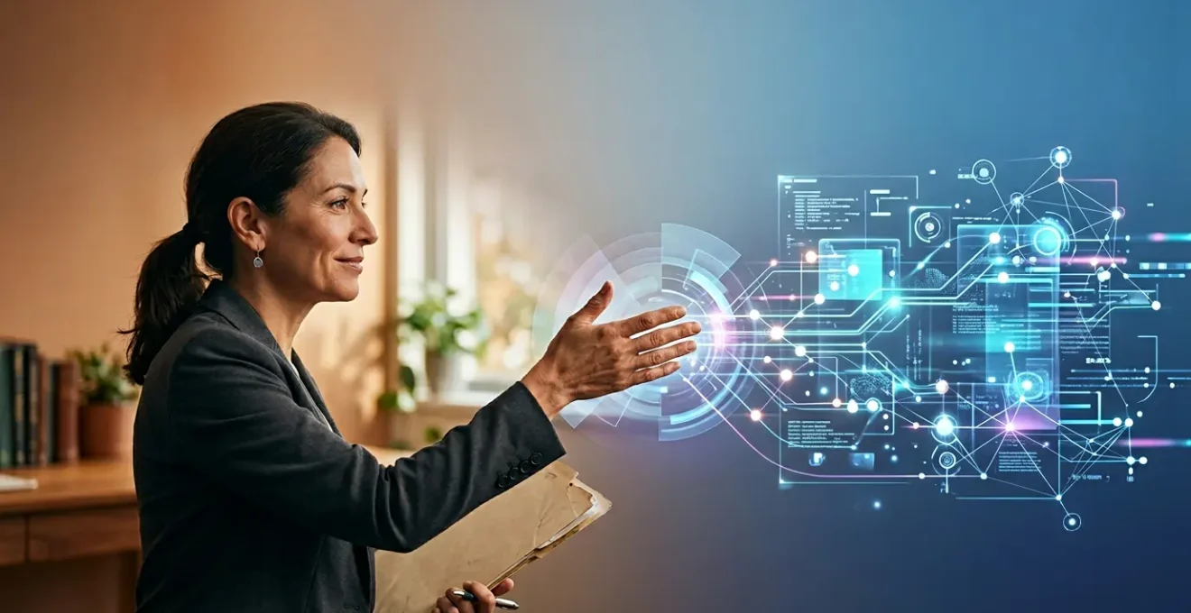 Gestionnaire de sinistres travaillant sur interface digitale avec éléments humains et technologiques en équilibre