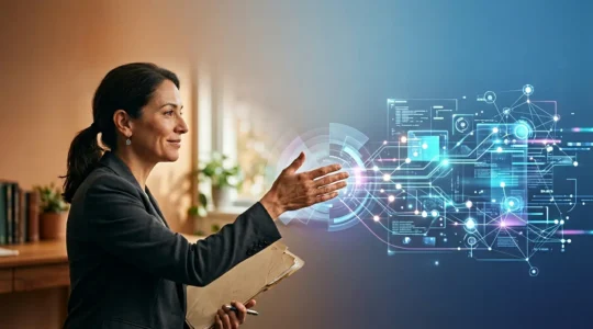 Gestionnaire de sinistres travaillant sur interface digitale avec éléments humains et technologiques en équilibre