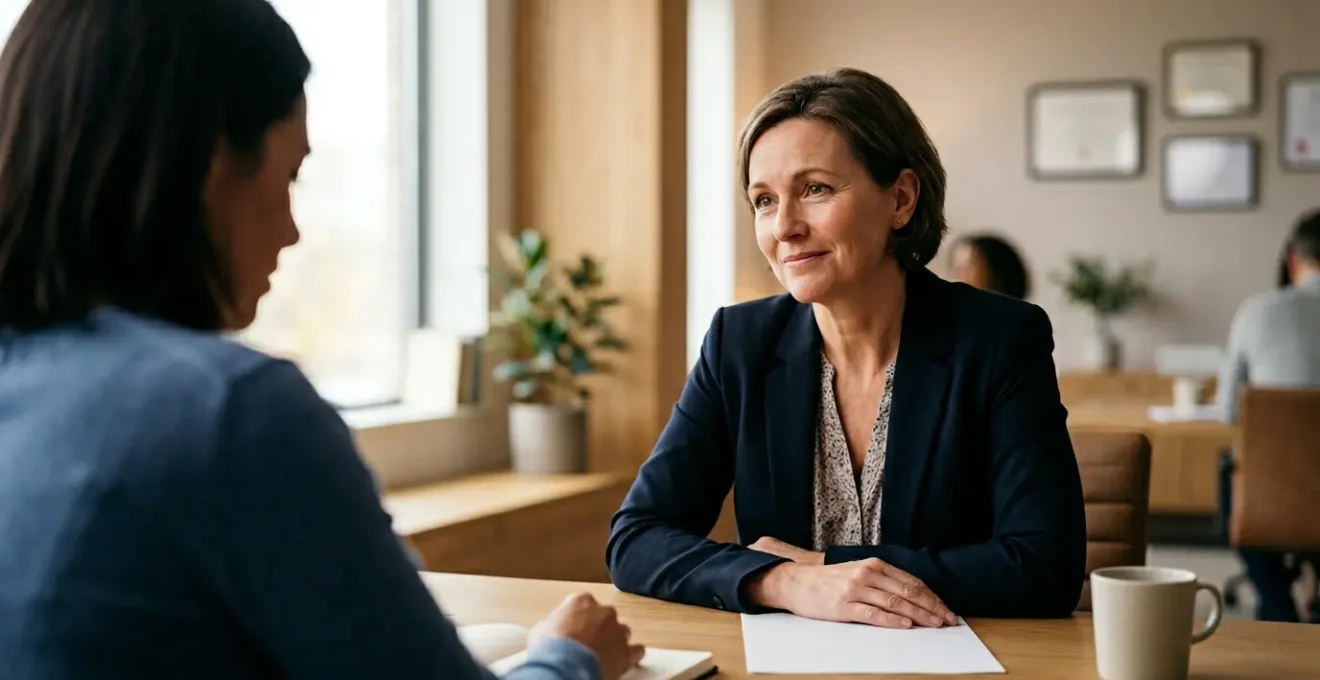 Gestionnaire de sinistres en assurance écoutant avec empathie un client en situation de détresse dans un bureau lumineux et apaisant