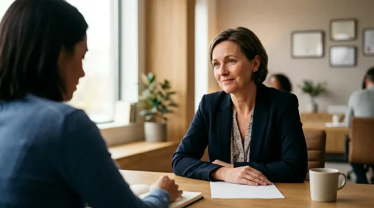 Gestionnaire de sinistres en assurance écoutant avec empathie un client en situation de détresse dans un bureau lumineux et apaisant