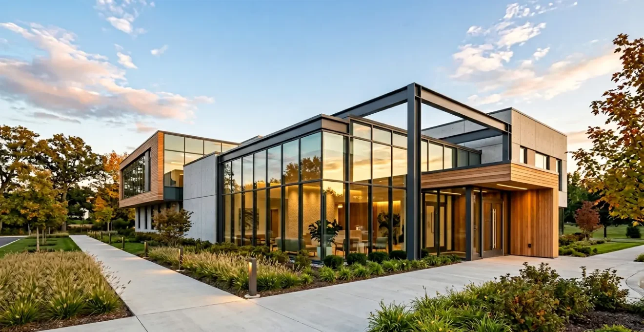 Architecture moderne d'une clinique privée avec espaces lumineux et accueillants