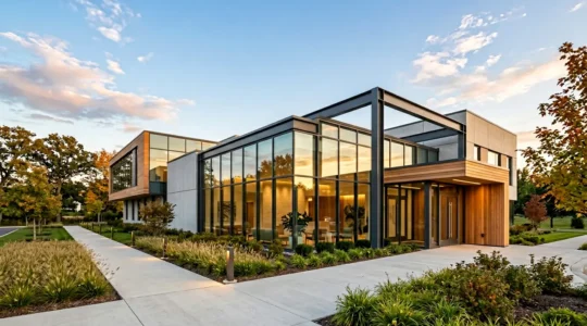 Architecture moderne d'une clinique privée avec espaces lumineux et accueillants